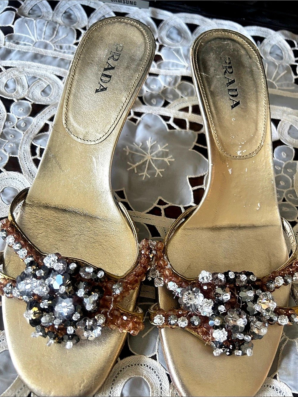 Prada Embellished Gold Heels EU 39
